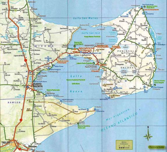 Mapa rodoviário (as estradas são todas de terra) da Península Valdés, na Argentina. Nós percorremos as partes central e norte da península, de P. Cantor ao farol na ponta norte e depois nos hospedamos em Punta Piramides